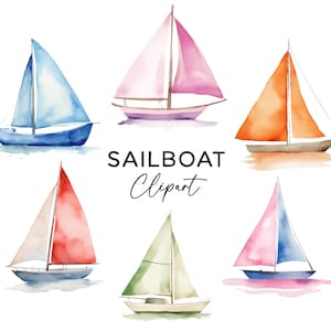Set di bundle di clipart per barche a vela, acquerello colorato bambini barche a vela grafica PNG file PNG nautici mare oceano vela avventura Clip Art PNG