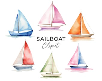 Sailboat Clipart Bundle Set, Watercolor Colorful Kids Sailing Boats Graphics PNG Nautical Sea Ocean Sailing Adventure Clip Art PNG Files