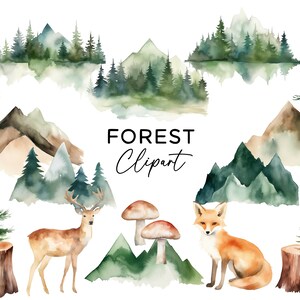 Pacchetto Clipart foresta - Acquerello Bosco Natura Montagne rustiche Pini Volpe Cervi PNG per inviti Nursery Wall Art Uso commerciale