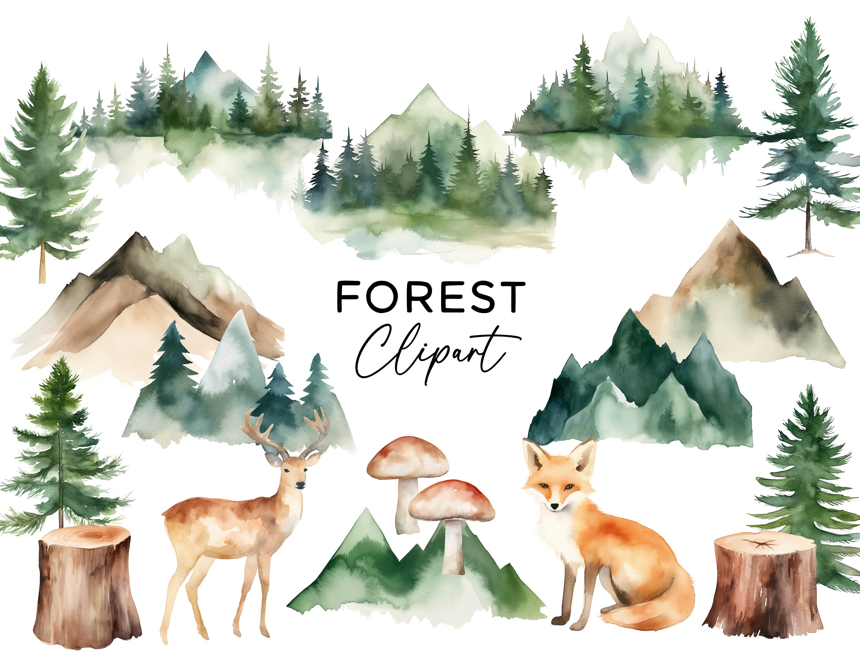 Forest Clipart Bundle - Watercolor Woodland Nature Rustic Mountains ...
