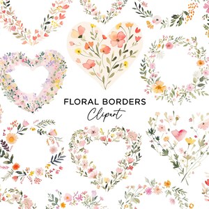 Bundle de cliparts floral frontières, téléchargement numérique PNG aquarelle fleur coeur cercle fleurs sauvages cadre couronne printemps mariage usage commercial