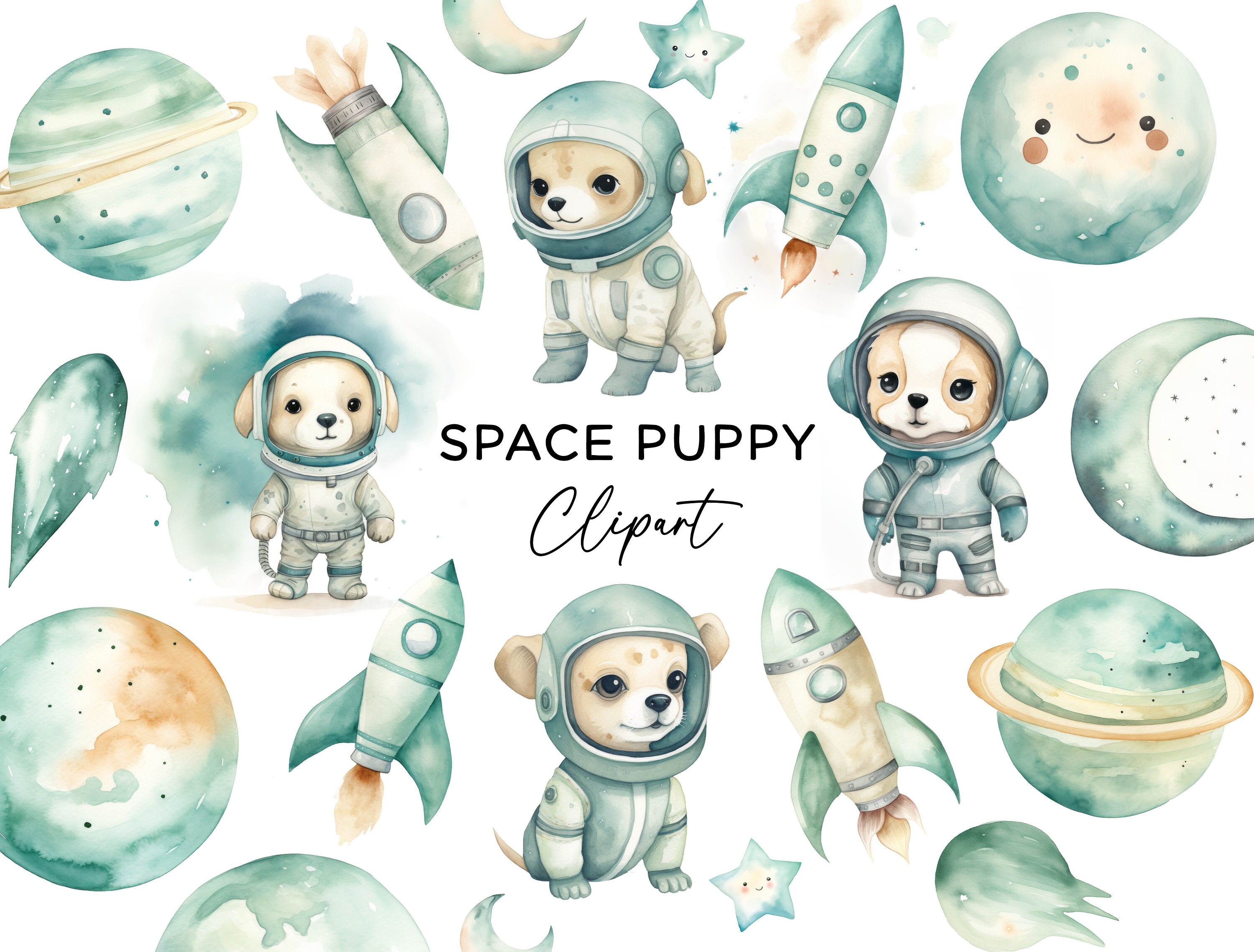 Astronaut Puppy Clipart - Watercolor Space Dog Galaxy Rocket Ship ...