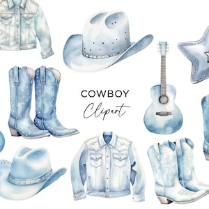 Bundle de cliparts cowboy - aquarelle cow-girl cowboy rodeo PNG guitare chapeau bottes veste bleu argent pour faire-parts art mural cartes commerciales