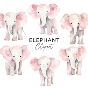 Pink Elephant Clipart Bundle - Watercolor Baby Shower Elephants PNG for Invitations Nursery Wall Art Digital Download Commercial Use