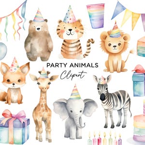 Party Tiere Clipart, PNG Digital Download Aquarell Safari Dschungel Zoo Tiere Löwe Zebra Giraffe Tiger Regenbogen bunt Kommerzielle Nutzung