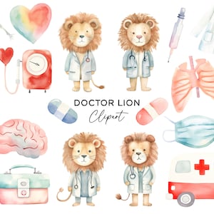 Zestaw clipartów Doctor Lion, zestaw PNG do pobrania cyfrowego akwarela medyczny dentysta pielęgniarka karetka zwierzę dzieci kreskówka użycie komercyjne