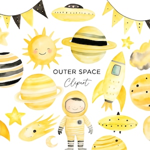Bundle di clipart astronauta, pianeta galassia dello spazio, razzo per bambini, festa, divertimento, giallo, nero, PNG, acquerello, download digitale, uso commerciale