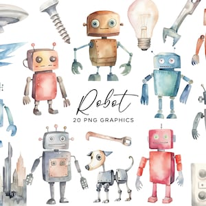 Roboter Clipart Bundle - Aquarell niedlichen Vintage Kinder Retro mechanische Roboter PNG Clip Art für Jungen Einladungen Aufkleber Scrapbooking
