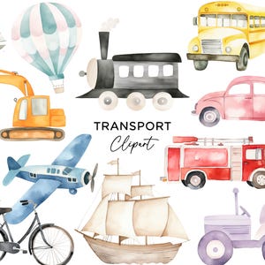 Set di clipart di trasporto, acquerello scuolabus auto aereo treno camion bicicletta camion dei pompieri PNG grafica download digitale uso commerciale