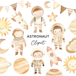 Paquete de imágenes prediseñadas espaciales, astronauta galaxia cohete planeta nave espacial Beige Boho Neutral Kids Party Invitation PNG Descarga digital Uso comercial