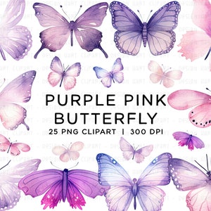 Pacote de clipart de borboleta aquarela, gráficos de sublimação PNG Download digital para uso comercial conjunto de asas de borboletas rosa pastel rosa roxo