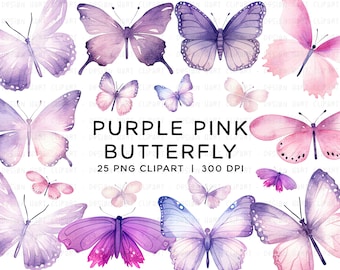 Watercolor Butterfly Clipart Bundle, PNG Sublimation Graphics Digital Download Commercial Use Pastel Pink Purple Butterflies Wings Set