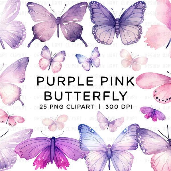 Aquarell Schmetterling Clipart Bundle, PNG Sublimation Grafiken Digitaler Download Kommerzielle Nutzung Pastell Rosa Lila Schmetterlinge Flügel Set