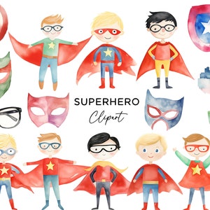 Pacote de clipart de super-heróis, super-heróis em aquarela PNG, gráficos de sublimação, download digital para uso comercial, convites para festas de quadrinhos para meninos