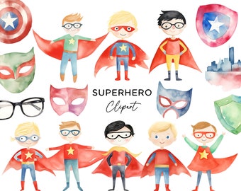 Superhero Clipart Bundle, Watercolor Superheroes PNG Sublimation Graphics Digital Download for Commercial Use Boys Comic Party Invitations