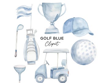 May include: A set of blue watercolor golf themed clipart. The set includes a golf bag, golf club, golf ball, golf cart, golf flag, golf cap, and a trophy.