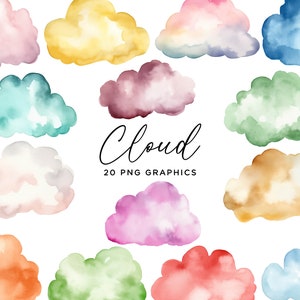 Bundle de cliparts nuages, aquarelle pastel arc-en-ciel nuage icônes, temps peint à la main PNGs pour les Invitations de fête d'enfants Scrapbooking Sticker Art