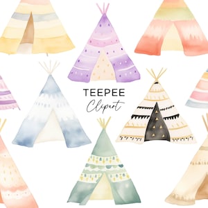 May include: A set of nine watercolor illustrations of teepees in various colors and patterns. The teepees are all in a similar style, with a pointed top and a flap that can be opened or closed. The teepees are decorated with geometric patterns and stripes.