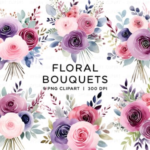 Aquarell Blumen Clipart - Vorgefertigte Blumen Pfingstrosen Blumensträuße Clip Art Bundle PNG Hochzeitseinladung Clipart Dateien Kommerzielle Nutzung Lila Rosa