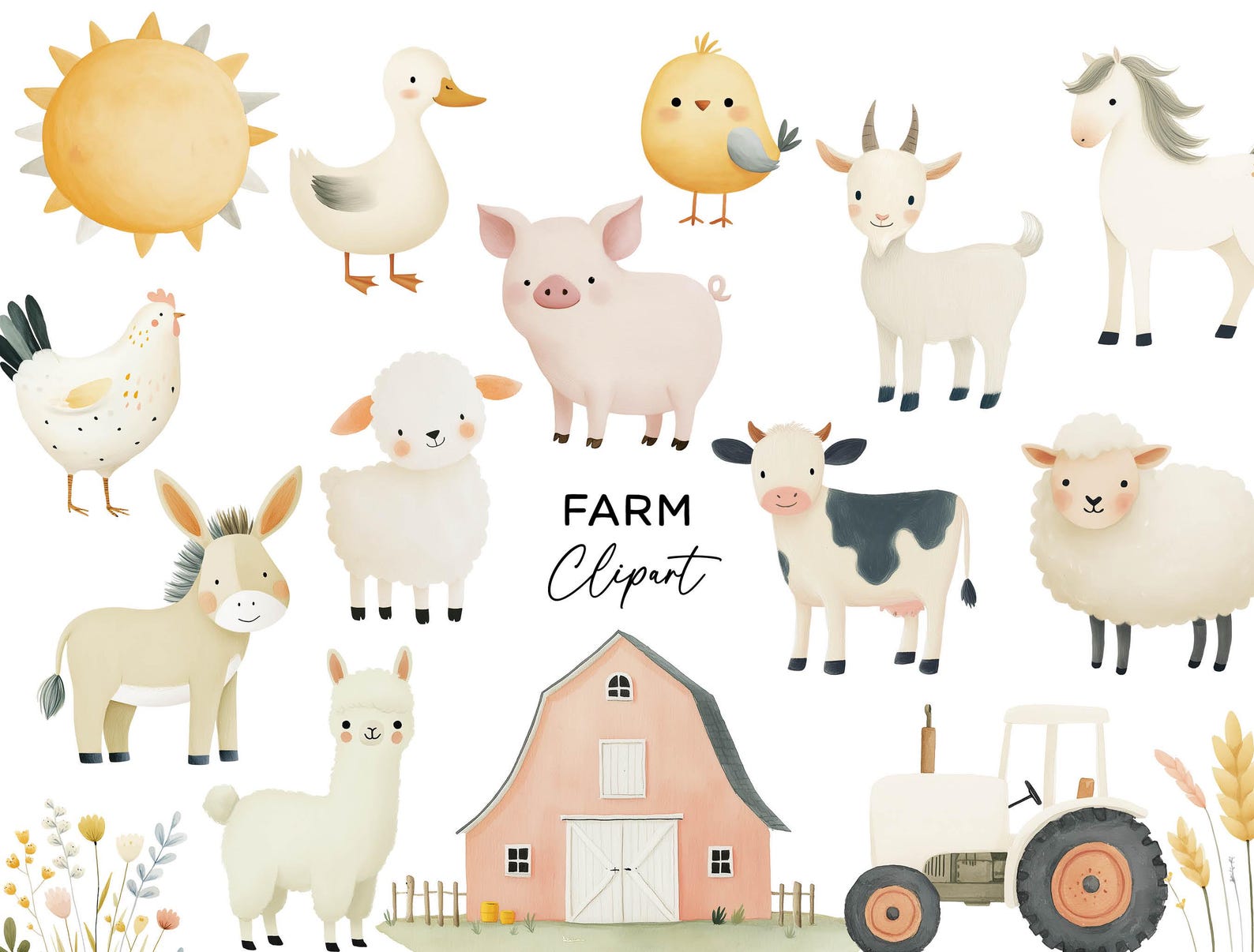 Farm Animals Clipart Bundle - Watercolor Barnyard Tractor Pig Duck ...