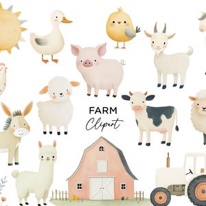 Könnte beinhalten: Aquarell-Illustration von Bauernhoftieren und -elementen, darunter eine Sonne, eine Ente, ein Küken, ein Schwein, eine Ziege, ein Pferd, ein Huhn, ein Schaf, ein Esel, eine Kuh, ein Lama, eine Scheune und ein Traktor. Der Text "FARM Clipart" ist ebenfalls enthalten.