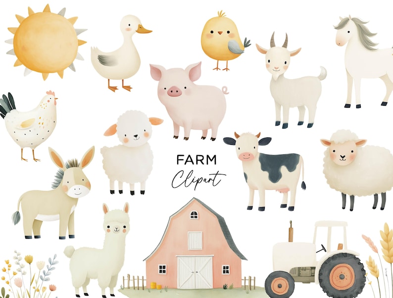 Farm Animals Clipart Bundle - Watercolor Barnyard Tractor Pig Duck ...