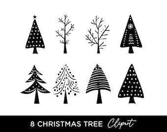 Christmas Tree Clipart Bundle, PNG SVG Black & White Silhouettes Digital Download Commercial Use Xmas Holiday Sublimation Graphics Clip Art