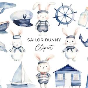 Pacchetto Clipart Sailor Bunny, PNG nautico Capitano del faro dell'ancora della barca dell'acquerello per inviti per feste per bambini Arte della parete Uso commerciale fai da te