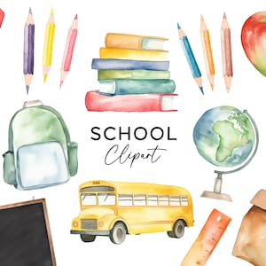 School clipart bundel, aquarel potlood bus boeken Globe graphics leraar bronnen educatieve leermiddelen digitale download PNG clip art