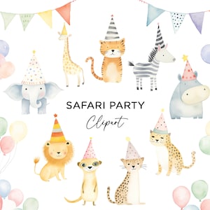 Paquete de imágenes prediseñadas de animales de fiesta, acuarela Safari Jungle Zoo Animales con sombreros de fiesta Globos León Cebra Jirafa Tigre Arte PNG Uso comercial