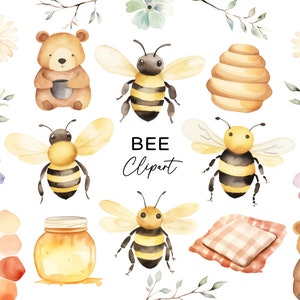 Bee Clipart Bundle, Watercolor Bumble Bee Honeycomb Picnic PNG Sublimation Graphics for Invitations Digital Download Commercial Use Files