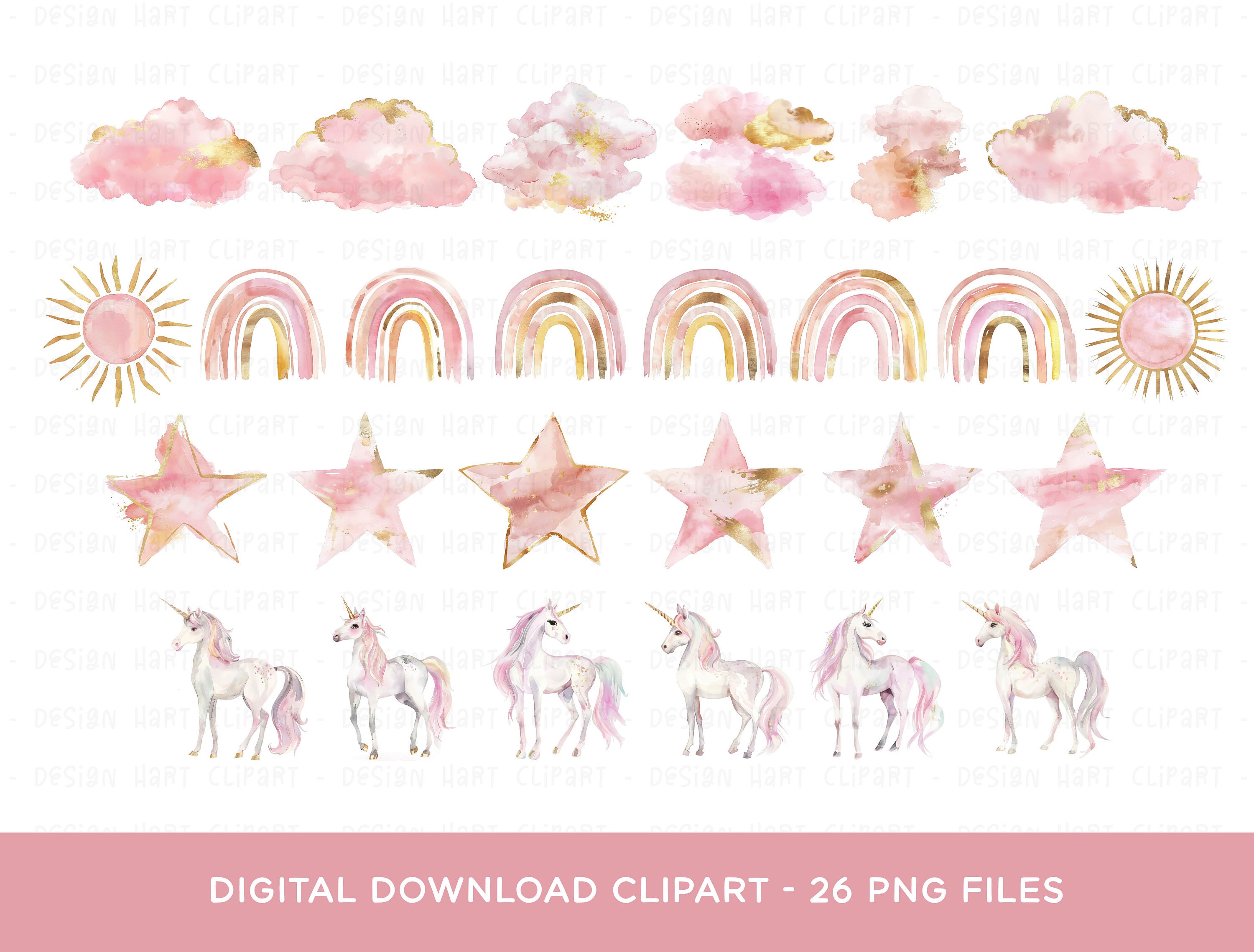 Unicorn Clipart Bundle - Watercolor Pink & Gold Foil Magical Whimsical ...