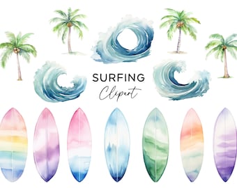 Surfer Clipart Bundle, Watercolor Surfboard Ocean Waves PNG for Beach Tropical Birthday Invitations Wall Art Digital Download Commercial Use