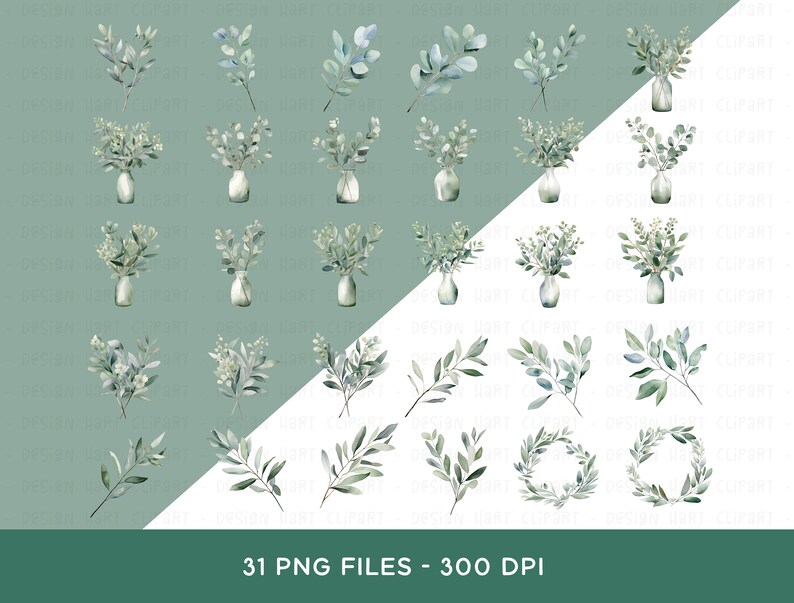 Eucalyptus Clipart Bundle, Watercolor Greenery Foliage Leaves PNG ...