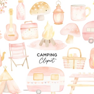 Roze Camping Clipart Bundel, Camper Caravan Tent Outdoor Adventure Forest Kampvuur Gitaar Picknick PNG Aquarel Download Commercieel Gebruik