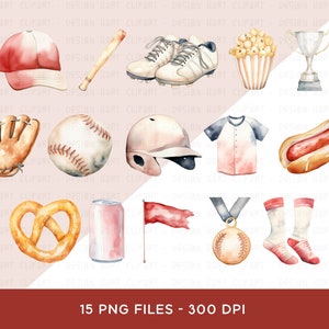 Baseball Clipart Bundle, Sport Baseball Watercolor PNG Ball Glove Bat ...