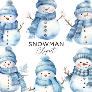 雪だるまのクリップアート バンドル、水彩画の青いスカーフ、冬の休日、クリスマスのお祝いの PNG ファイル、商用利用、招待状、ステッカー、スクラップブッキング