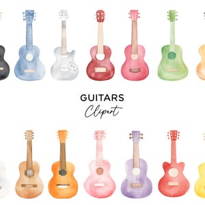 Gitaar clipartbundel, png-afbeeldingen digitale download aquarel muziekinstrument ukelele kleurrijk voor uitnodigingen stickers commercieel gebruik