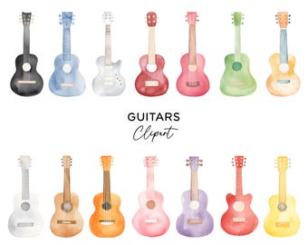 Guitar Clipart Bundle, PNG Graphics Digital Download Watercolor Music Instrument Ukulele Colorful for Invitations Stickers Commercial Use