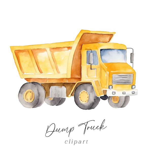 Dump Truck Clipart, Watercolor Construction Vehicle PNG, Digital Download Commercial Use, Builder Truck for Kids Birthday Invitations Cards