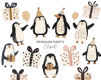 May include: A collection of whimsical penguin illustrations with party hats, balloons, and gift boxes. The penguins are black and white with beige bellies, and the gifts are beige with black polka dots and bows. Text reads "PENGUIN PARTY Clipart."
