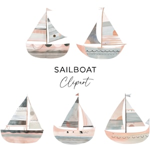 Set di bundle di clipart per barche a vela, acquerello pastello Boho bambini barche a vela grafica PNG file PNG nautici mare oceano vela avventura Clip Art PNG