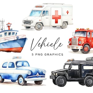 Voertuigen clipart bundel-aquarel noodvoertuigen ambulance politie brandweerwagen PNG voor kinderen ambachten uitnodigingen scrapbooking commercieel