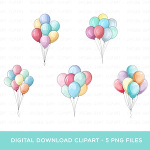 Balloon Clipart Bundle, Colorful Pastel Watercolor Party Balloons PNG ...