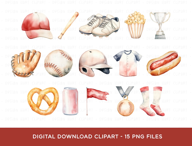 Baseball Clipart Bundle, Sport Baseball Watercolor PNG Ball Glove Bat ...