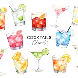 Pacchetto di clipart cocktail, bevande alcoliche dell'acquerello Martini grafica cosmopolita PNG Clip Art per inviti di feste adesivi Scrapbooking