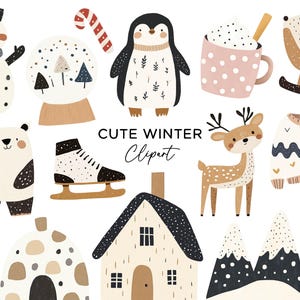 Può includere: Una collezione di simpatiche illustrazioni clipart a tema invernale. Include un pupazzo di neve, un pinguino, una palla di neve, un pattino da ghiaccio, un orso, un cervo, una casa, un maglione, un cavallo a dondolo, un bastoncino di zucchero, alberi, montagne e una tazza di cioccolata calda. È presente anche il testo "CUTE WINTER Clipart".