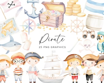 Pirate Clipart Bundle - Watercolor Treasure Ship Map Skulls Nautical PNG for Digital Download Commercial Use for Kids Party Invitations