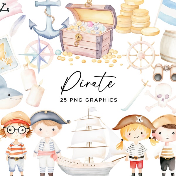 Bundle de cliparts pirate - aquarelle navire au trésor carte crânes PNG nautique pour téléchargement numérique usage commercial pour les faire-part d'enfants