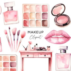 Paquete de imágenes prediseñadas de maquillaje, gráficos PNG, descarga digital, acuarela rosa, suministros de maquillaje, perfume, lápiz labial, sombra de ojos, espejo, belleza, uso comercial